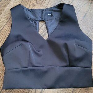 ASOS Black Satin tailored crop top vneck button closure size 10